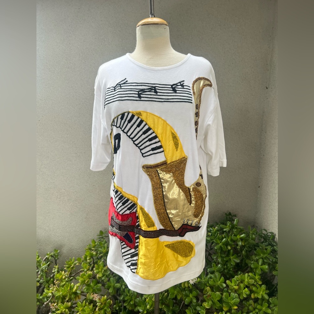 Vintage Y2K kitschy top beaded musical theme cotton sz Small by Cedars